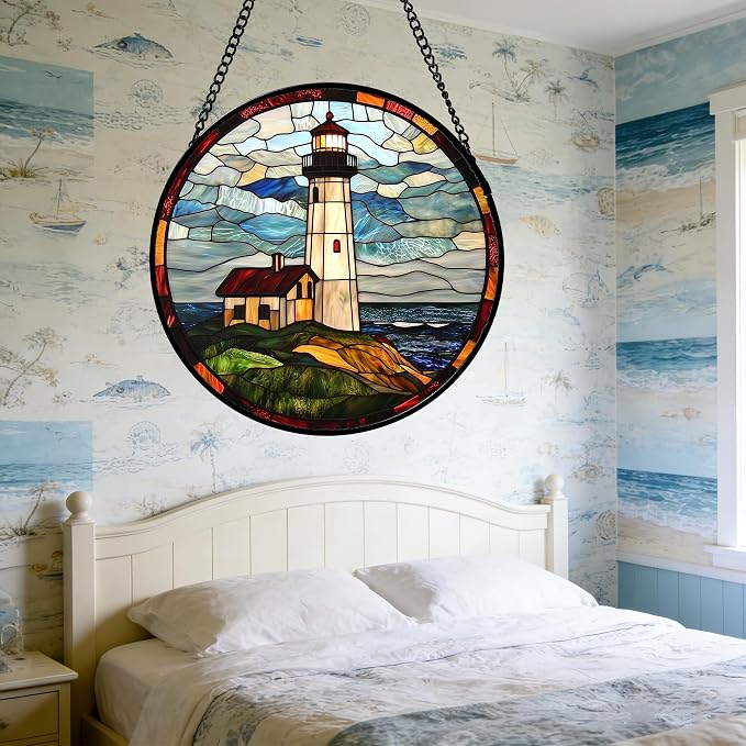 DASTOLL Stained Glass Window Hanging, Ocean Lighthouse Sun Catchers Glass Panel - Image 6
