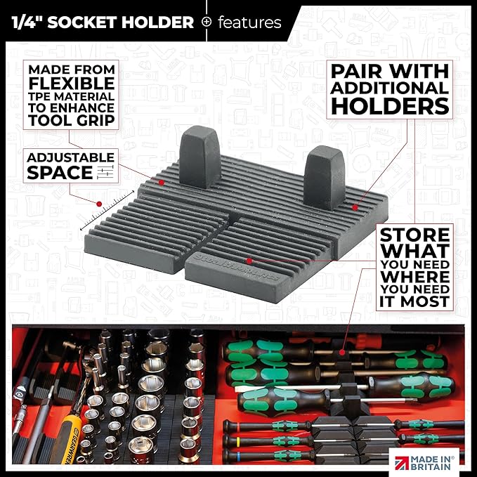 StealthMounts Drawer Hive ¼ Socket Holder – 10 Pack | Modular Drawer Tool Organiser | Injection-Moulded TPE | Made in The UK
