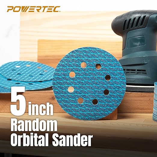 POWERTEC 5 Inch 8-Hole Hook and Loop Diamond Shaped Sanding Discs, 50PK, 80 Grit for Random Orbital Sanders – J-Weight Cloth Backing for Long Life, Anti-Clog Sandpaper (44908)