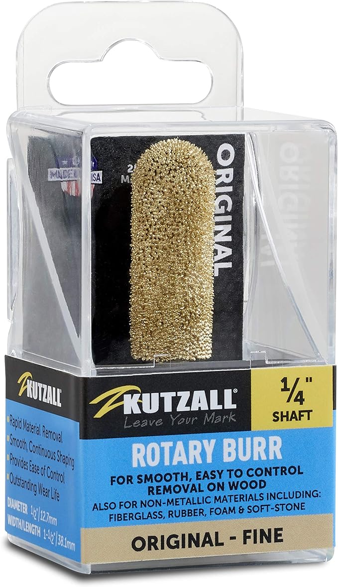 Kutzall Original Ball Nose Rotary Burr, 1⁄4" Shaft, Fine - Wood Carving Bit for Bosch, DeWalt, Milwaukee, etc. Abrasive Tungsten Carbide, 1⁄2" (12.7mm) Dia. X 1-1⁄2" (38.1mm) Length, BN-12X112G