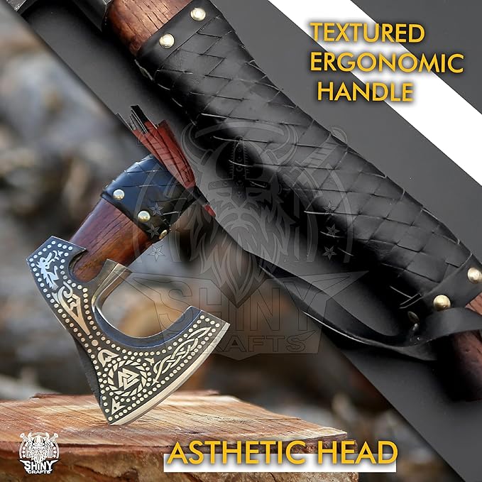 SHINY CRAFTS-Viking Axe Bearded Axe Tomahawk Birthday Gifts-Viking Axe Real, Bearded Axe Real Hatchet Russian Valknut Wood Working Tool with Premium Leather Sheath (SCA-10)