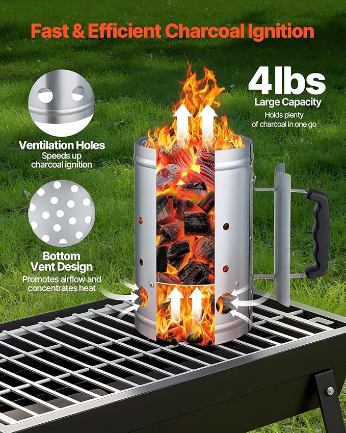 VEVOR Charcoal Chimney Starter, 4 lbs Large Capacity Coal Fireplace, Heavy Duty BBQ Steel Chimney Starter for Charcoal Grill and Barbecues, Compact On-The-Go Carbon Lighter and BBQ Grill Tool, Silver