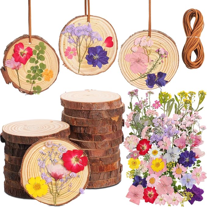 20 Set DIY Wooden Crafts with Dried Pressed Flowers Leaves Unfinished Wood by Unknown