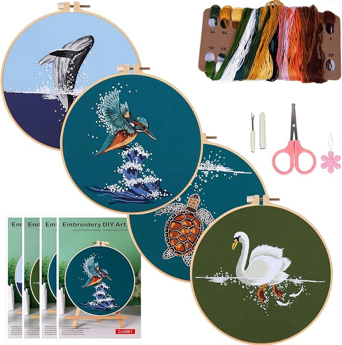 COCOMOX 4 Sets Embroidery Kit for Beginners, Hand Embroidery Stiches Practice by COCOMOX