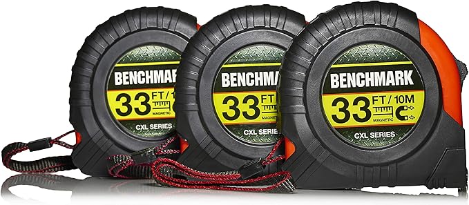 Benchmark - 3 PACK - 33 Foot (10 Meter) Tape Measures with Inches & Centimeters. Autowind, Belt Clip and Large Magnetic Claw Tip.