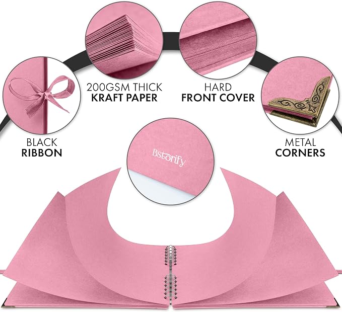 Bstorify Square Scrapbook Photo Albums 50 Pages Pink Thick Paper, Ribbon Closure - Image 3