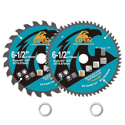 6-1/2 Inch Miter/Table Saw Blades 2pcs, 24T+60T ATB TCT Fine Finish Wood Cutting Circular Saw Blade with 5/8 Inch Arbor