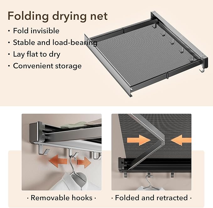 Wall Mounted Drying Rack with Net - Laundry Drying Rack for Shoes, Socks, Underwear - Folding, Retractable, Collapsible