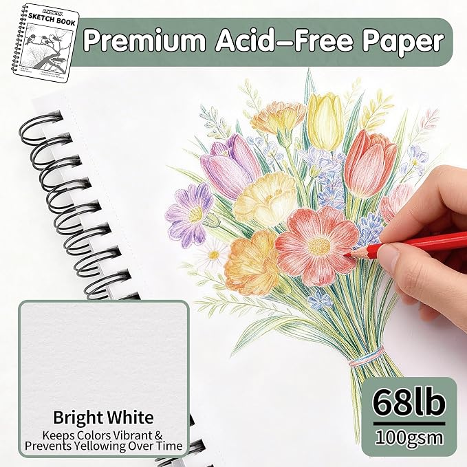 FIXSMITH 9"X12" Green Sketch Book, 400 Sheets Spiral Sketchbook, Acid Free - Image 2