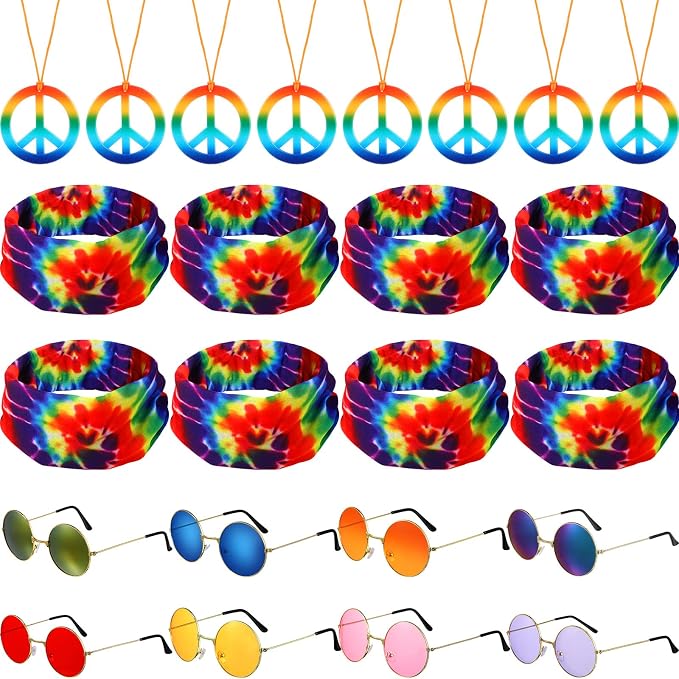 MTLEE 24 Pcs Hippie Costume Set Accessories Includes Peace Sign Necklaces Tie by MTLEE