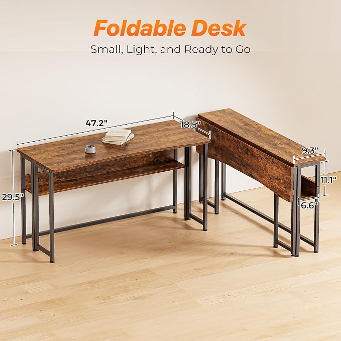 Huuger Folding Desk with Storage Shelf, 47.2 Inch Foldable Computer Table - Image 2