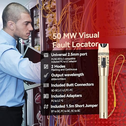 VFLVisual Fault Locator Kit 50mw,Fiber Optic Cable Tester Tool Kit,Fiber Red Light Pen Tester with 2.5mm Universal Connector 2pcs FC-LC Adapter & 1pc LC, SC, FC Coupler & 3 1.5m Patch Cords