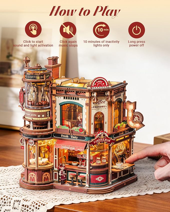 ROKR Dream Coffee Factory, Wooden Music Box Model, Mechanical 3D Wooden Puzzles - Image 3
