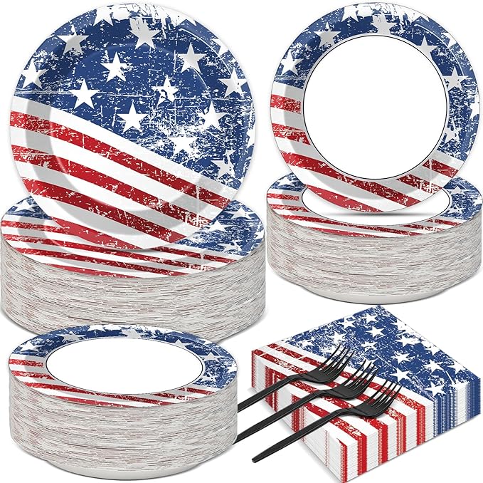 50 Guests 4th of July Paper Plates Napkins Forks American Flag Tableware Set by Qyeahkj