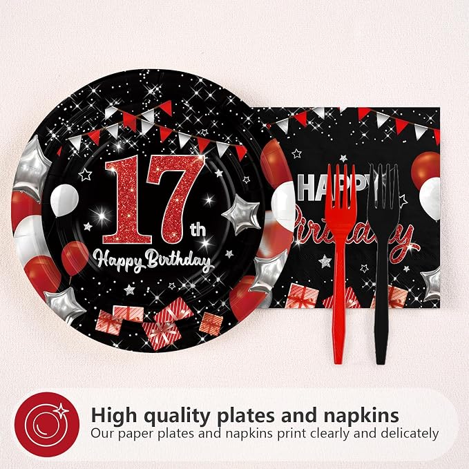 96Pcs Red and Black Party Decorations Happy 17th Birthday Plates and Napkins - Image 3