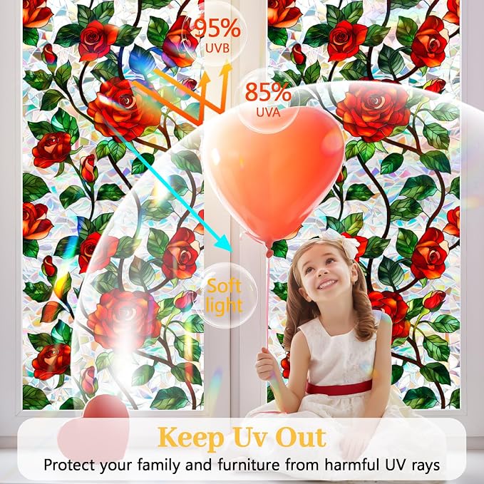 Bloss Rose Stained Glass Windows Film, 29.5x78.7inch 3D Flower Privacy Window - Image 4