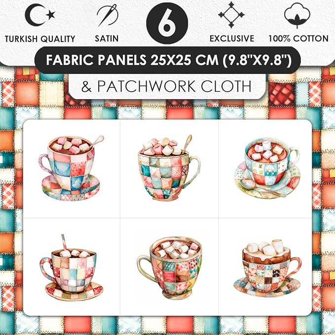 Patchwork Hot Cocoa Cotton Fabric Panel – 6 Designs + Bonus Sheet 29.5×19.6 inch - Image 3