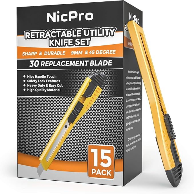 Nicpro 15 PCS Utility Knife Box Cutters Retractable Razor Knife 9mm with 30 PCS Extra Snap Off Blades for Lightweight Office, Home, Arts Crafts, Hobby