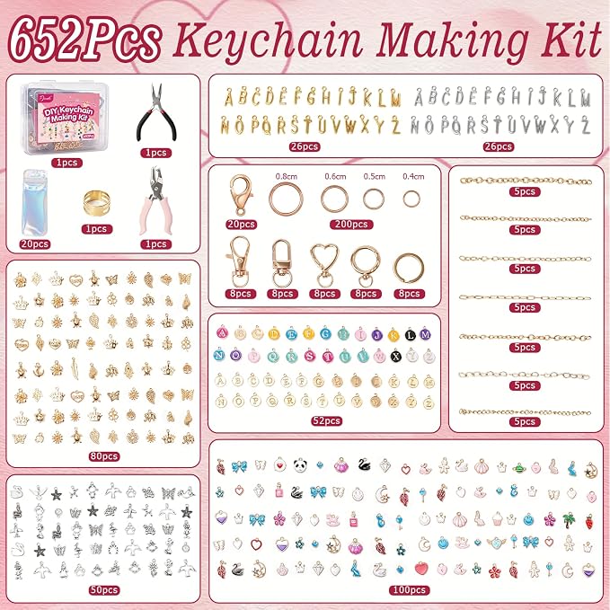 Pjordo 652Pcs Charm Lip Gloss Keychain Making Kit, DIY Keychain Kit Includes - Image 2