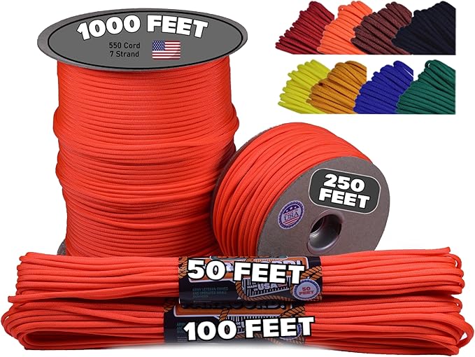 BORED? PARACORD! 550 lb Paracord - Ideal for Crafting, Camping, DIY Projects, Active & Military Outdoors - Strong Survival Rope - Tactical Parachute Cord Type III - Neon Orange 50 Feet