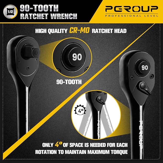 1/2-Inch Drive Ratchet Wrench, 90 Tooth Reversible Ratchet, 4-Degree Swing, Ergonomic Handle, Chrome Alloy Made, Quick Release Ratchet Wrench for Repairing, Home