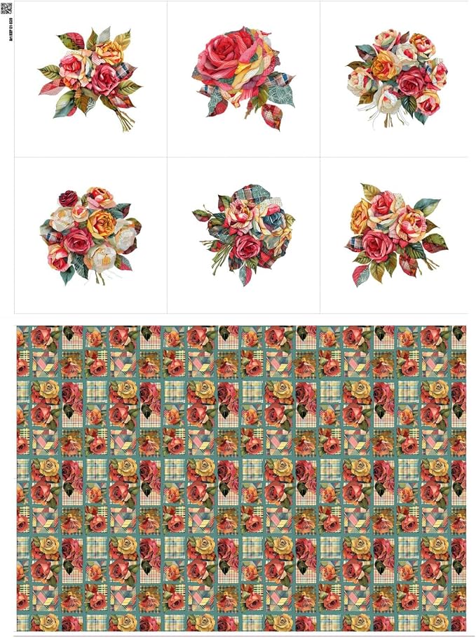 Vintage Rose Patchwork Cotton Fabric Panel – 6 Floral Designs + Bonus Patchwork by FabricsTown