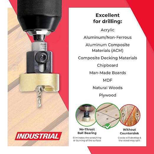 Amana Tool 82 Degree Countersink with Drill Bit Depth Stop and No-Thrust Ball Bearing, 55241, 3/8 D x 7/64 Drill D x 1/4 Inch Quick Release Hex Shank