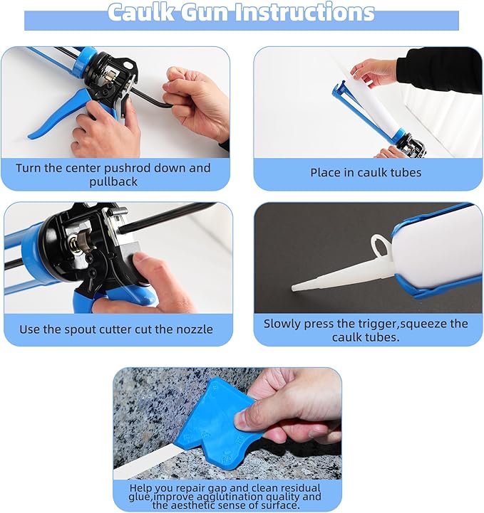 PRO Caulk Gun Kit Heavy Duty Silicone Caulking Gun Thrust Ratio 25:1 No-drip Rotating Barrel and Caulking Tools,Sealant Tools Grout Scraper For Kitchen Bathroom Sink Joint,With Gift Box