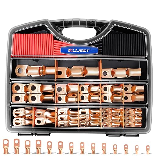 Kuject 120PCS Battery Cable Ends AWG 1 2 4 6 8 1/0 2/0 Gauge, 60PCS Heavy Duty Copper Wire Lugs Kit, Battery Cable Terminal Connectors Assortment with 60PCS 3:1 Heat Shrink Tubing