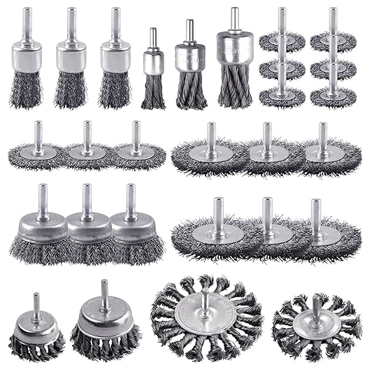Rocaris 28 Pack Wire Wheel Brush, Carbon Steel & Twist Knot Cup Brush, Wheel Brush, Pen Brush Set with 1/4-Inch Round Shank for Rust Removal, Corrosion and Scrub Surfaces, Grey
