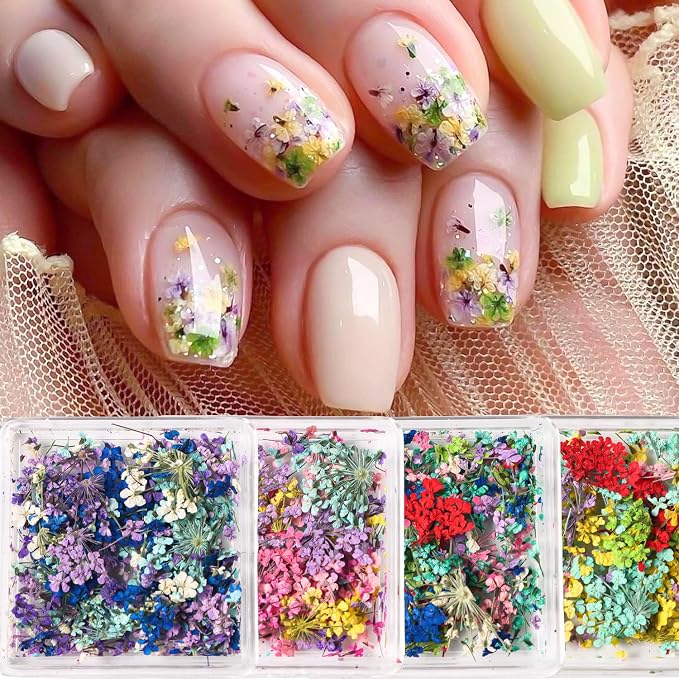 4 Boxes 3D Dried Flowers for Nails, Mini Dried Flowers Nail Stickers Decals | by SUTOZMIWE