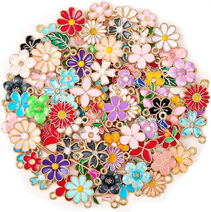 100Pcs 50 Pairs Flower Charms for Jewelry Making, Wholesale Assorted Enamel by ProfessionalDIYArtSupplier