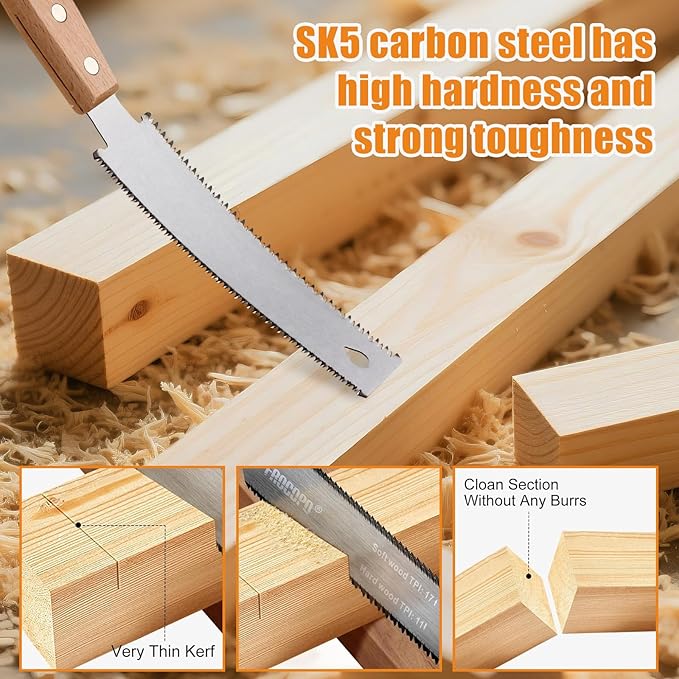 6 Pcs Professional Woodworking Tools Set 4 Piece Wood Chisel Bevel Edge Chisel Set 1/4", 1/2", 3/4" and 1" 6-inch Woodworking Saw Flexible Double-edge Blade 17/11 Tpi Protouch Coping Saw