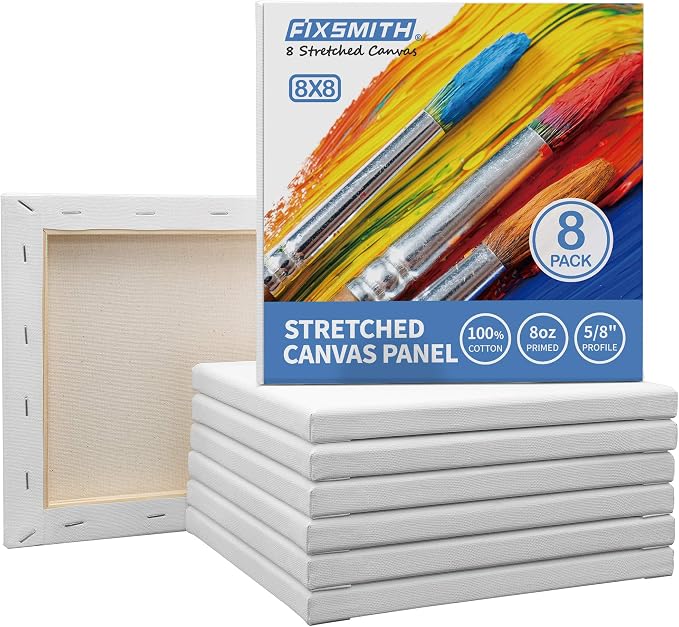 FIXSMITH Stretched White Blank Canvas- 8x8 Inch, 8 Pack, 100% Cotton, 5/8 Inch by FIXSMITH