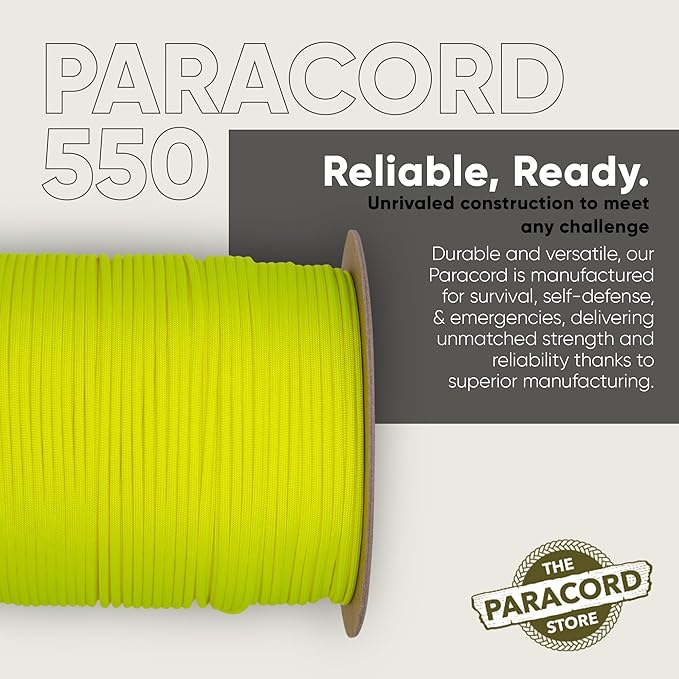 The Paracord Store | Type III 550 Paracord - 250 FT Spool, Neon Yellow | Heavy Duty 7 Strand Tactical Paracord - USA Made Nylon Outdoor Parachute Cord for Camping, Fishing & More - Survival Cord