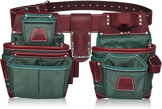 Nylon and Leather Tool Belt | Framing Tool Bags | Leather Tool Belts | Nylon Tool Pouch | Carpenter Tool Belt | Construction | Framers | Electrician (Green)