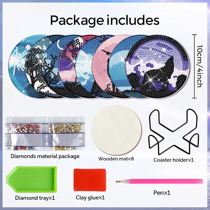 Cumule 8 Pcs Wolves Diamond Art Coasters Kits - Image 2