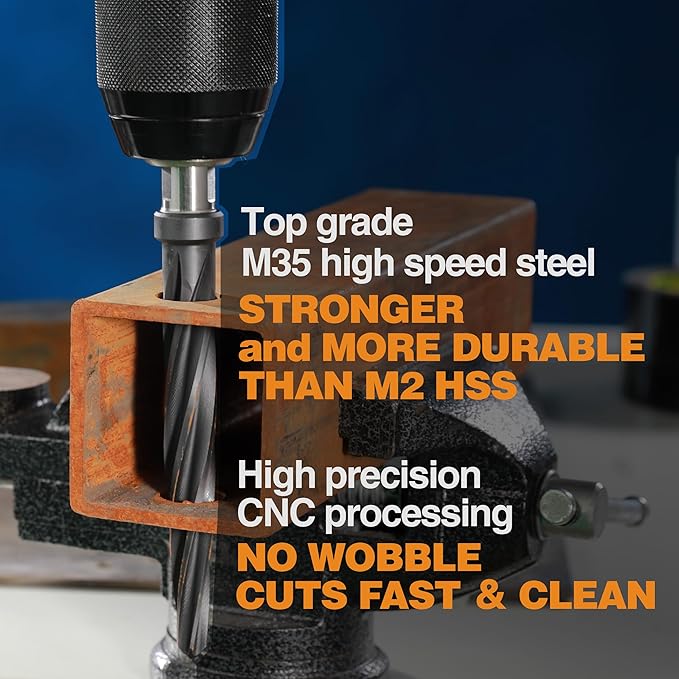 1/2" Bridge/Construction Reamer, M35 HSS Taper Chucking Reamer Drill Bit for Steel Alloy Aluminum Metal Wood Plastic, 1/2” Shank Chuck, Spiral Flutes, to Enlarge/Align Holes