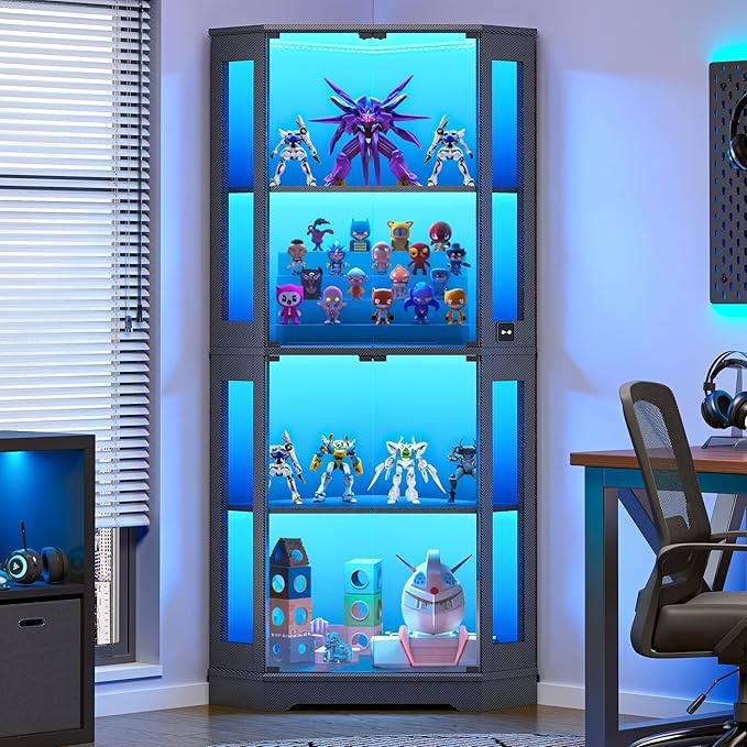 IRONCK 71" Carbon Fiber Corner Glass Display Cabinet, RGB LED Lights by IRONCK