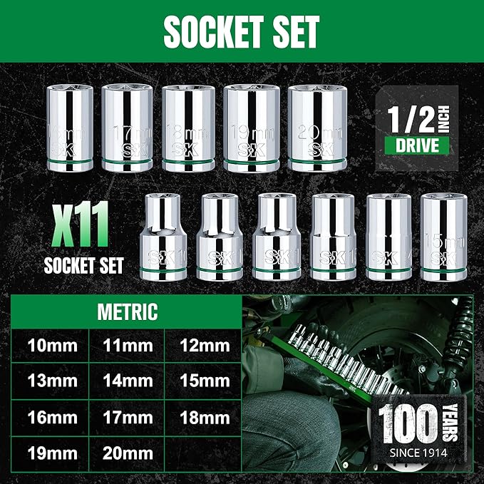 SK 1/2" Drive Socket Set, Metric Sockets, 11-Piece 10-20mm, SuperKrome Finish, Preminum CR-V Construction, with Aluminum Socket Organizer