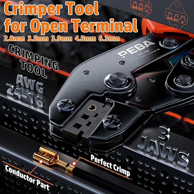 PEBA Spade Terminal Crimping Tool Kit, AWG 24-14 Crimper for Quick Disconnect Male & Female Non-Insulated Terminals 0.110"-0.250", 14 Types Spade Connector Kit - Speaker Terminals Crimping Tool