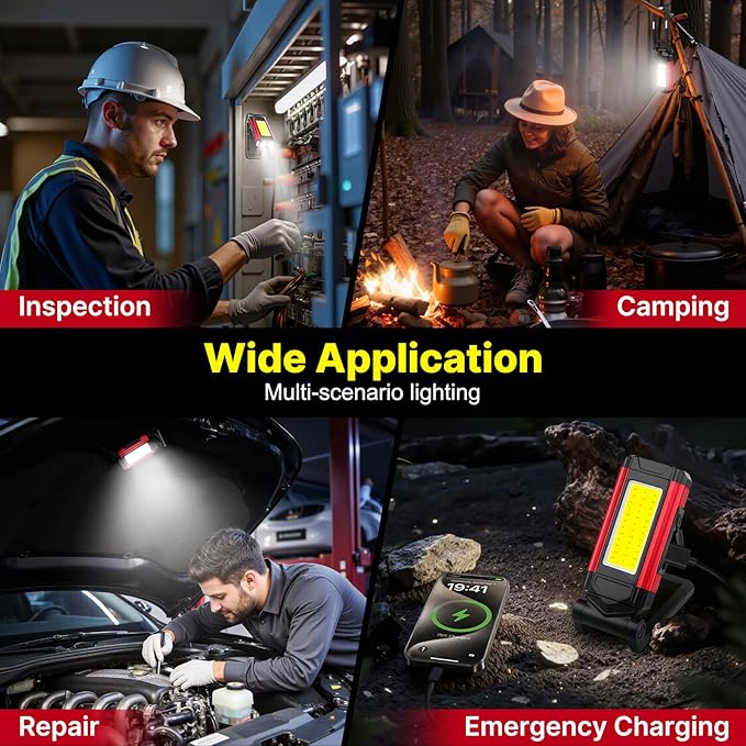 Rechargeable LED Work Light Magnetic Flashlight Portable 7 Flashlight Mode With Magnetizable Base Rotatable Stand 360° Infinitely Rotatable Type-C Charging for Camping,Car Reparing,Emergency Pack of 2