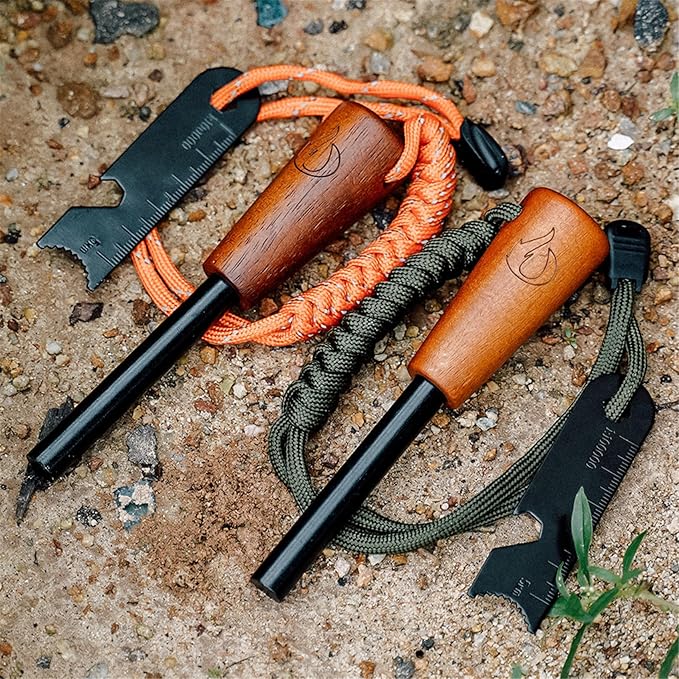 Fire Starter Survival Tool, Ferro Rod Kit with Tinder Wick, Pouch, Waterproof Flint and Steel Fire Starter for Camping, Hiking and Backpacking Gear