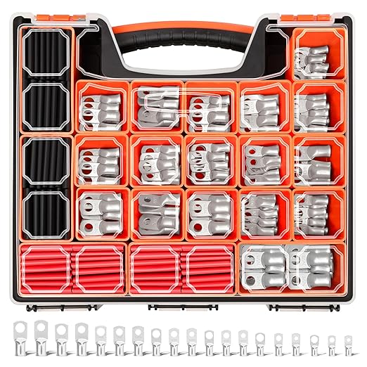 Kuject 220PCS Tinned Copper Wire Lugs Kit AWG 1 2 4 6 8 1/0 2/0 Gauge, Heavy Duty Battery Cable Lug Ends, Ring Terminal Connectors Assortment with 110PCS 3:1 Heat Shrink Tubing