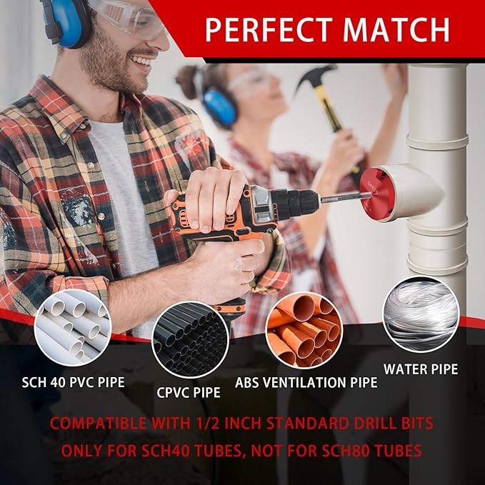 8Pcs Pvc Pipe Reamer Kit,Pipe Fitting Tools Contains 1/2", 3/4",1",1-1/4",1-1/2",2",3",4" Aluminum Head with a Extender,Fit into Standard 1/2" Drill,PVC Fitting Saver for PVC,CPVC,PPR or ABS,Red