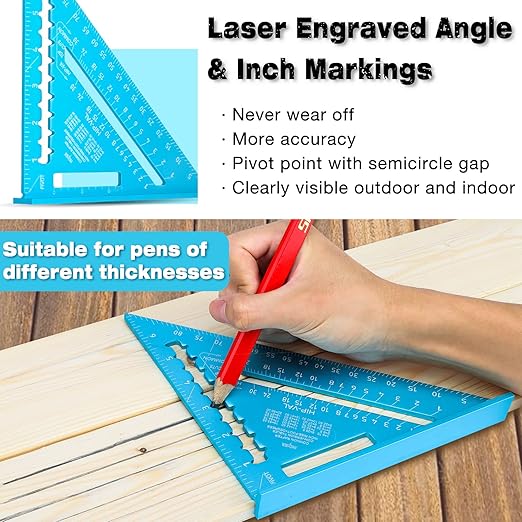 SHALL Rafter Square & Combination Square Tool Set, 7 Inch Aluminium-Alloy Carpenter Square & 16 Inch Zinc-Alloy Woodworking Framing Combo w/Stainless Steel Ruler, 2 Carpentry Pencils, Scriber