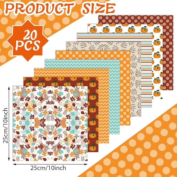 HunnmingRe 20 Pcs 10''x10'' Fall Quilting Fabric Square Autumn Pumpkin Precuts - Image 2