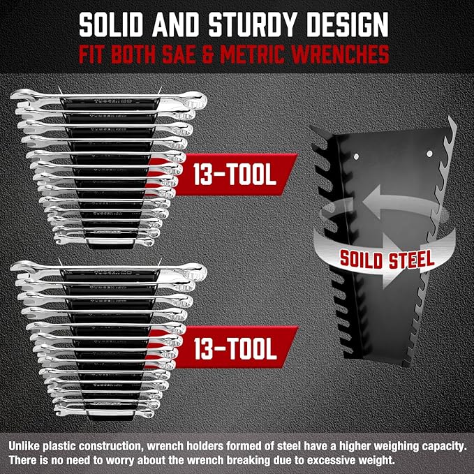 ALOANES 26-Slot Metal Wrench Organizer, Heavy Duty Wrench Organizer Tray for Tool Box, Professional Fit SAE & Metric Wrench Storage, 2 Pack Wrench Holders(Black)