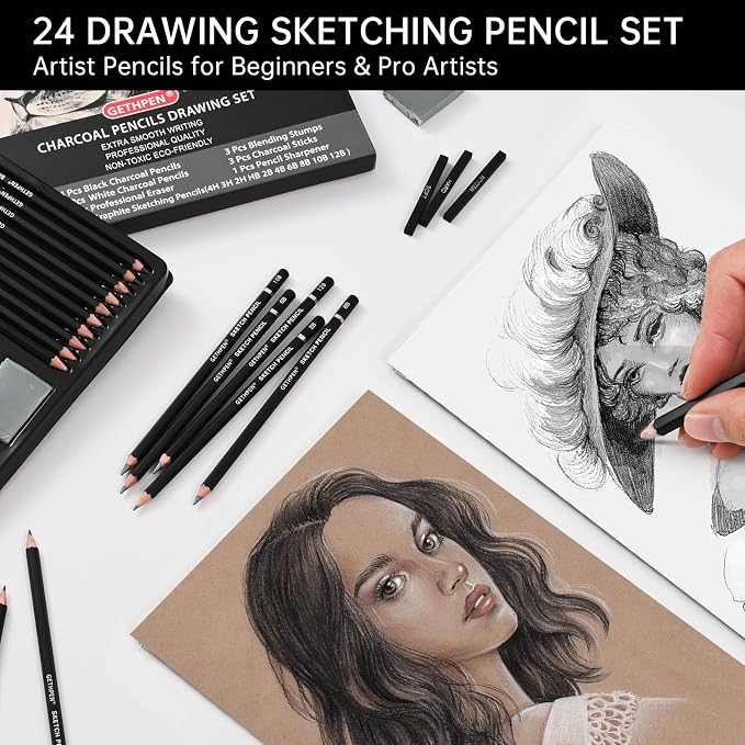 GETHPEN Drawing Sketching Pencil Set, Graphite 12B-4H Charcoal Pencils - Image 6