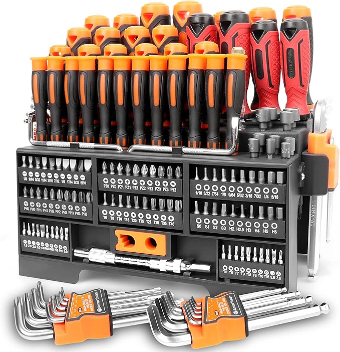 Amartisan 146-piece Magnetic Screwdrivers Set Plastic Racking, DIY Tools Set Tools for Men Gift, Includs Precision screwdriver, Magnetizer, Key Set, Nut Driver and Bit Set